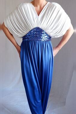 Late 1970s Royal Blue & White Sequin Harem Jumpsuit – Size L–XXL